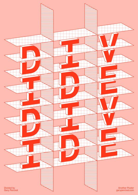 Divided – Geometric Red & White Typography Poster on Pink | Modern Wall Art Print